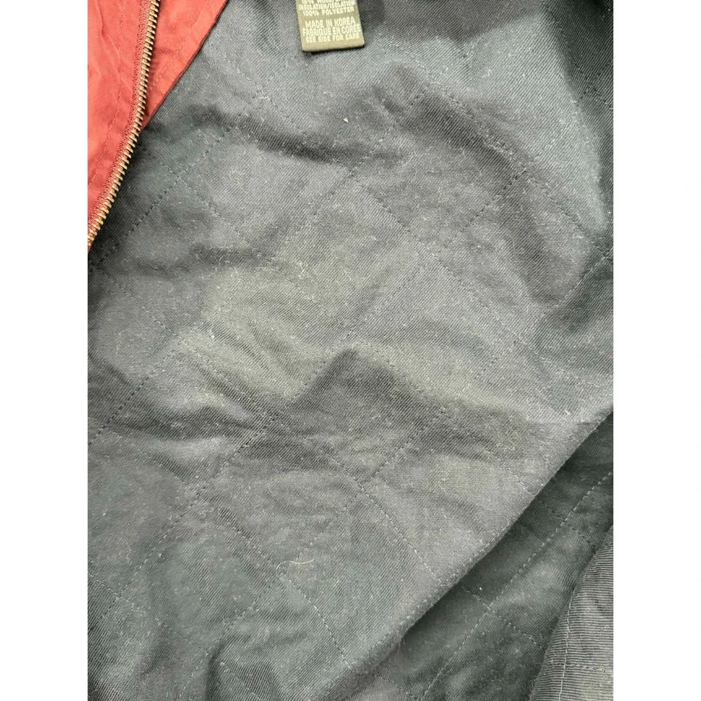Vintage‎ Eddie Bauer Quilted Barn Jacket Acrylic Trim Leather Collar Red LG